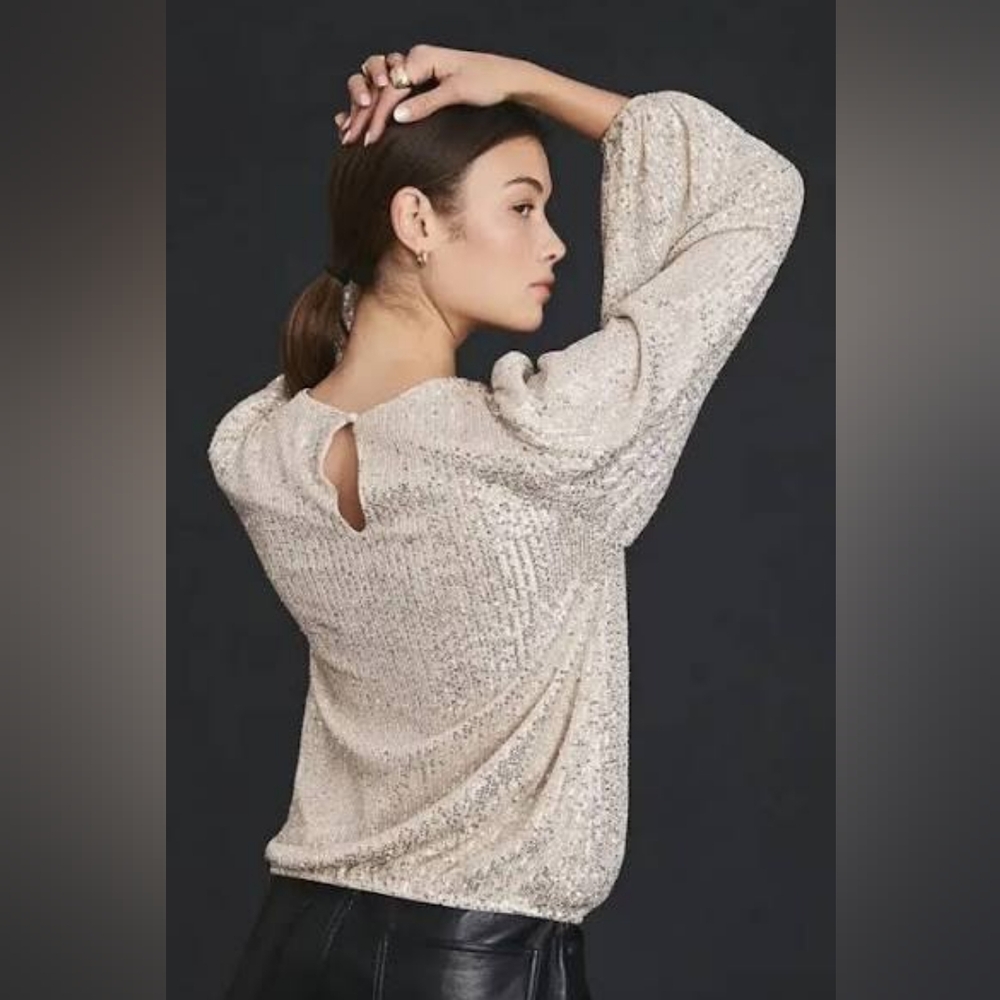 Anthropologie Flat White Long Sleeve Sequin Top Cream XLP - Picture 2 of 8